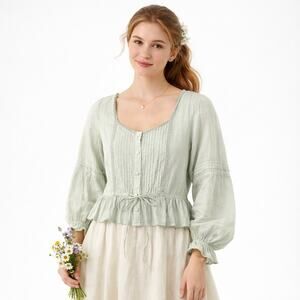 Pastel sage green cotton peasant top XL long blouson sleeves peplum cottage boho